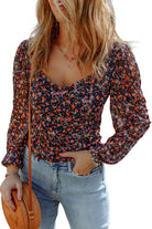 V Neck Bubble Sleeve Floral Blouse