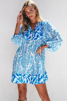 Bohemian Print Puff Sleeve Tied V Neck Flared Mini Dress