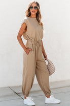 Cap Sleeve Open Back Drawstring Jogger Jumpsuit