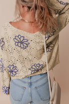 Contrast Flower Print Eyelet Drop Shoulder Sweater