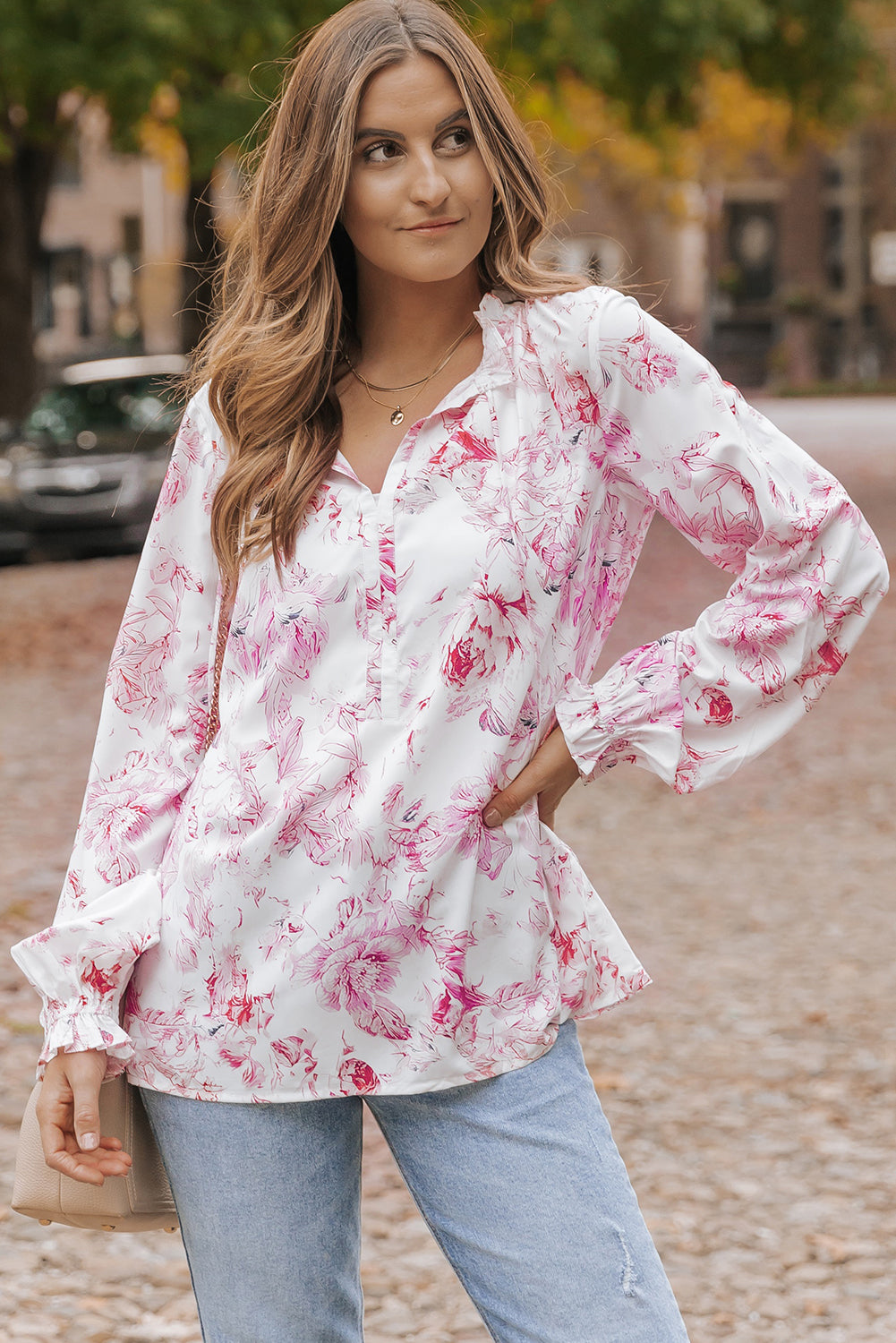 Vibrant Floral Printed Ruffle Trim Blouse