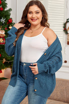 Open Knit V Neck Button Front Drop Shoulder Plus Size Cardigan