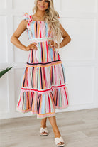 Rainbow Stripe Ruffles Ruched Tiered Dress