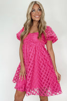 Checkered Puff Sleeve Babydoll Dress