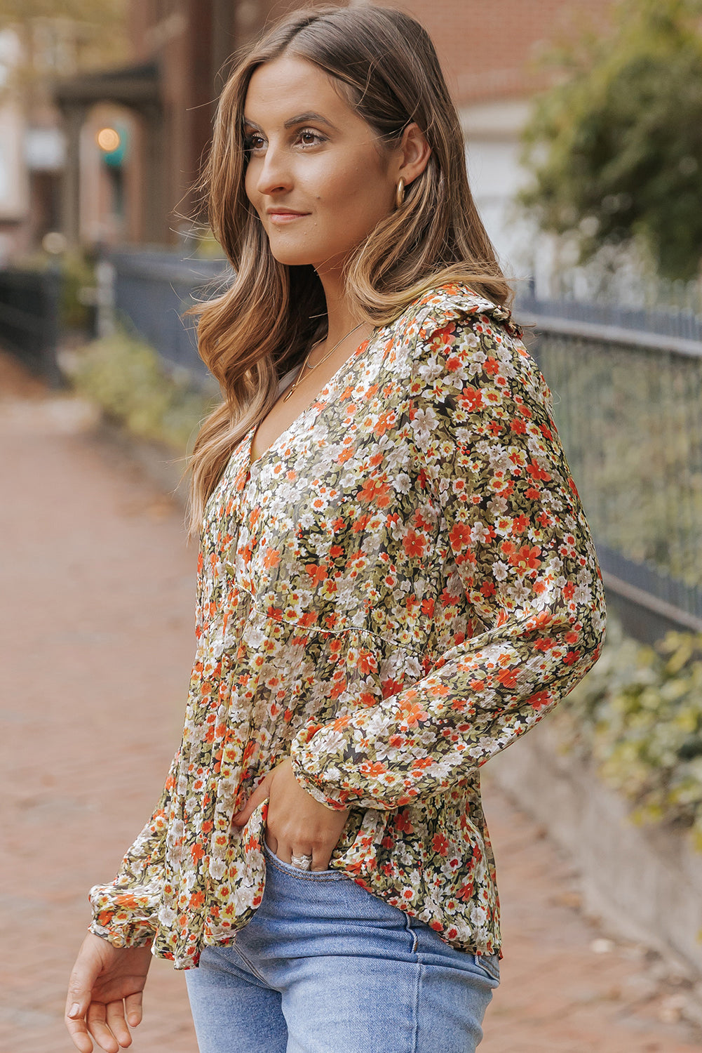 V Neck Ruffled Babydoll Floral Blouse