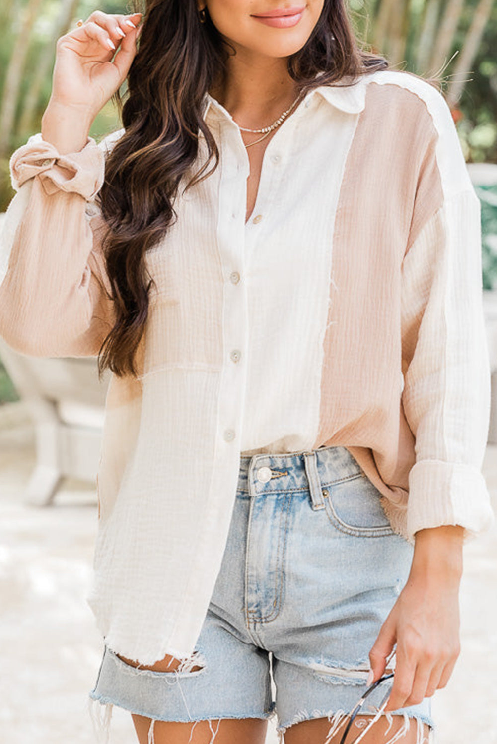 Color Block Buttoned Raw Hem Textured Shirt