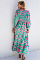 Abstract Print Puff Sleeve Tied Notched Neck Long Dress