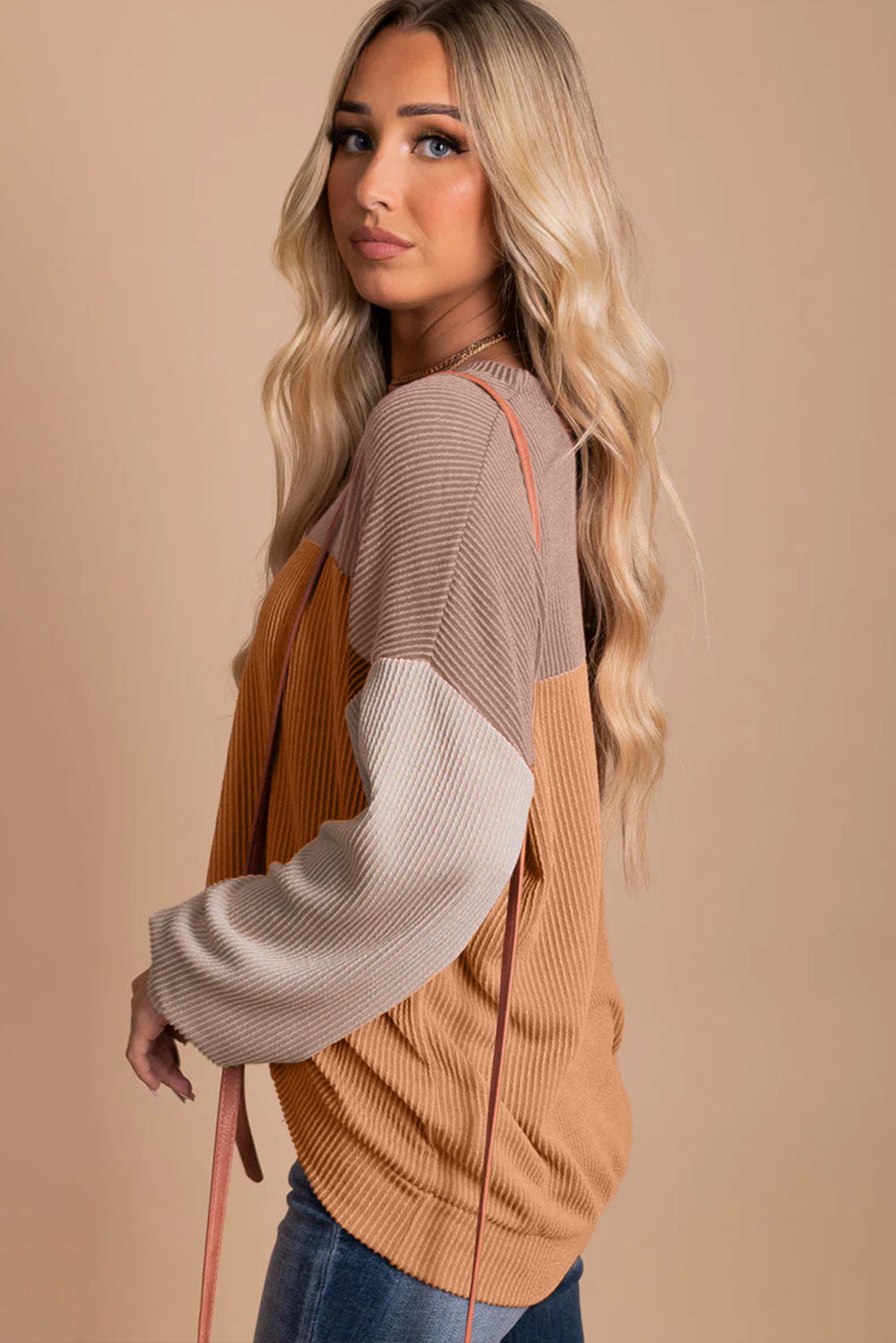 Color Block Long Sleeve Ribbed Loose Top