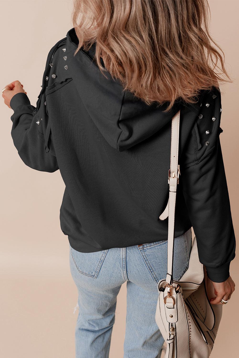 Solid Color Rivet Stud Raglan Sleeve Hoodie with Pocket