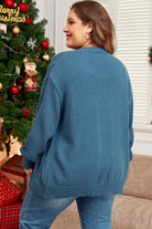 Open Knit V Neck Button Front Drop Shoulder Plus Size Cardigan