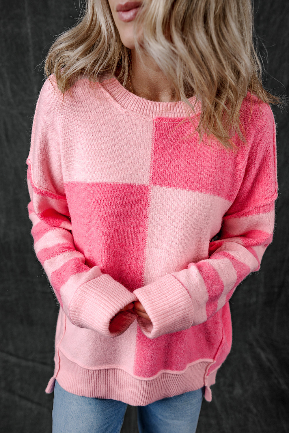 Checkered Colorblock Striped High Low Loose Sweater