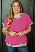 Leopard Trim V Neck Short Sleeve Plus Size Corded Top