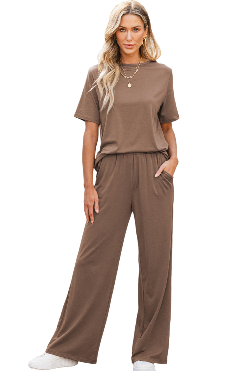 Solid Color T Shirt 2pcs Wide Leg Pants Set