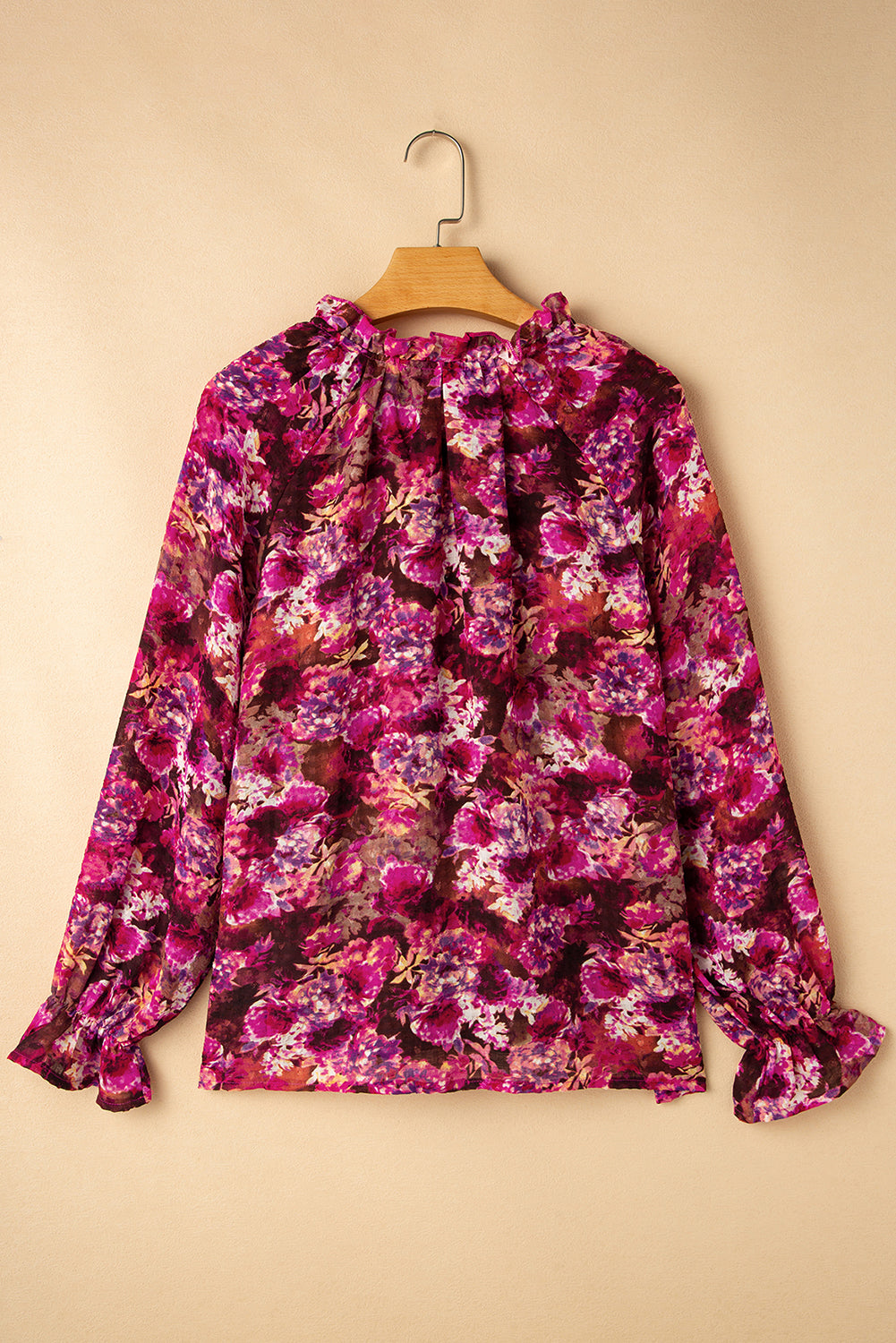 Floral Allover Print Drawstring Ruffled V Neck Loose Blouse