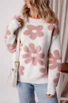 Textured Flower Drop Shoulder Loose Sweater