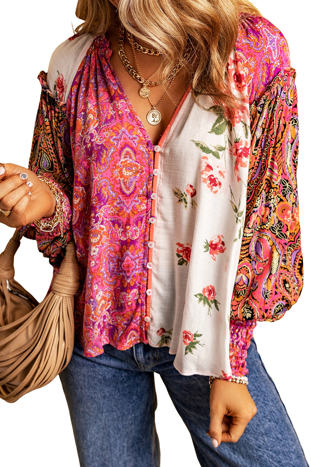 Floral Patchwork Shirred Cuff Buttoned V Neck Blouse