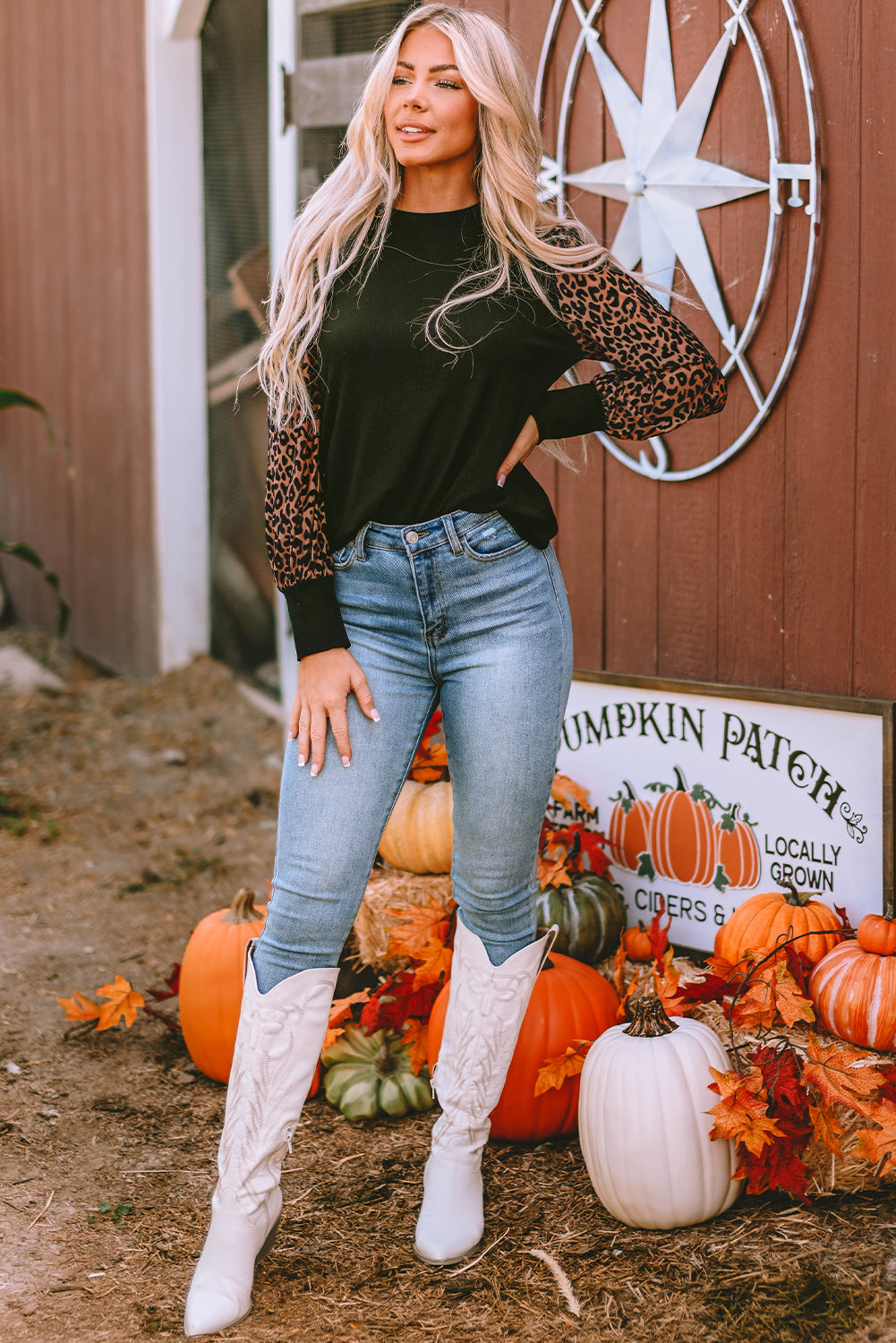 Leopard Print Long Sleeve Ribbed Knit Blouse