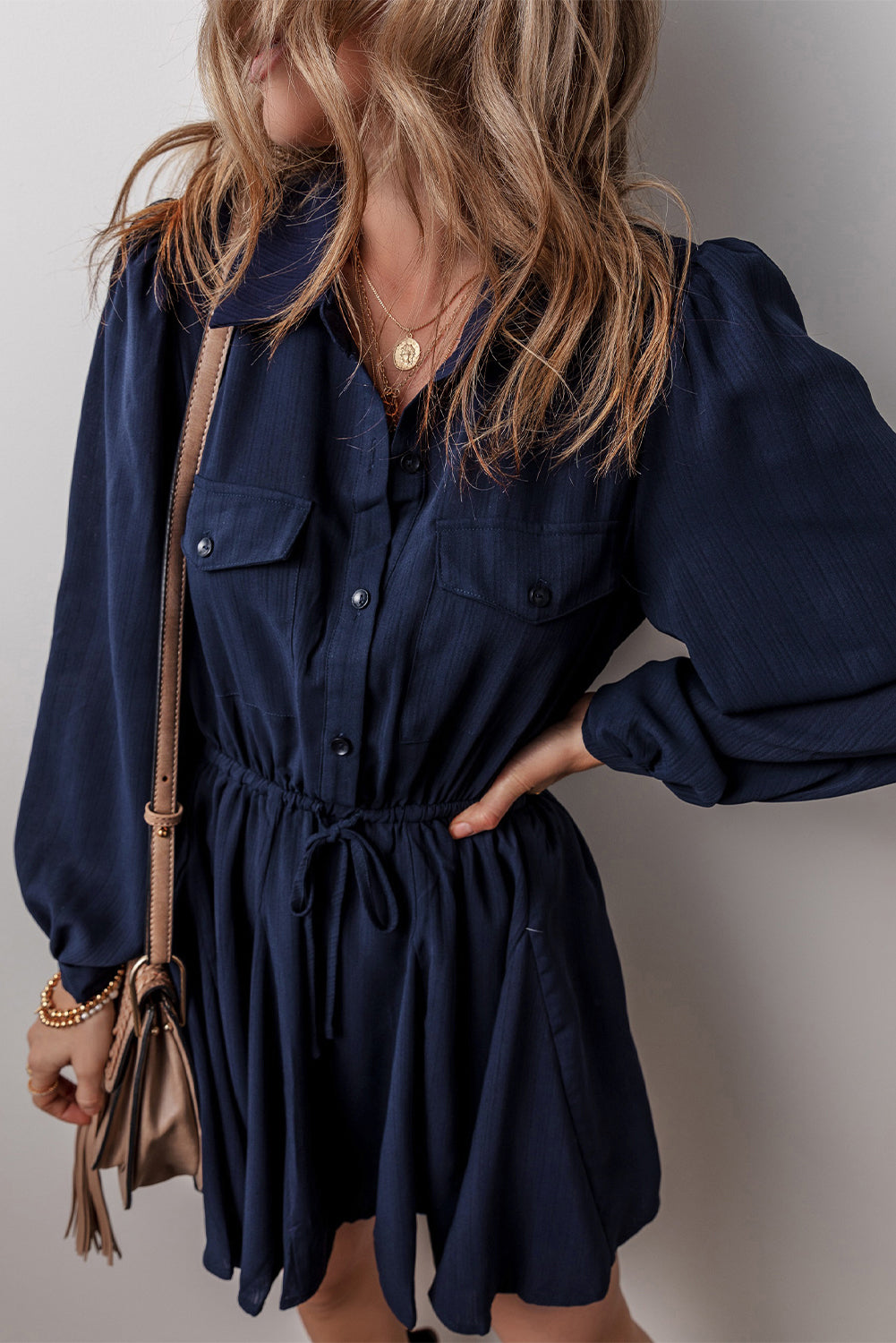 Solid Chest Pockets Tunic Shirt Mini Dress