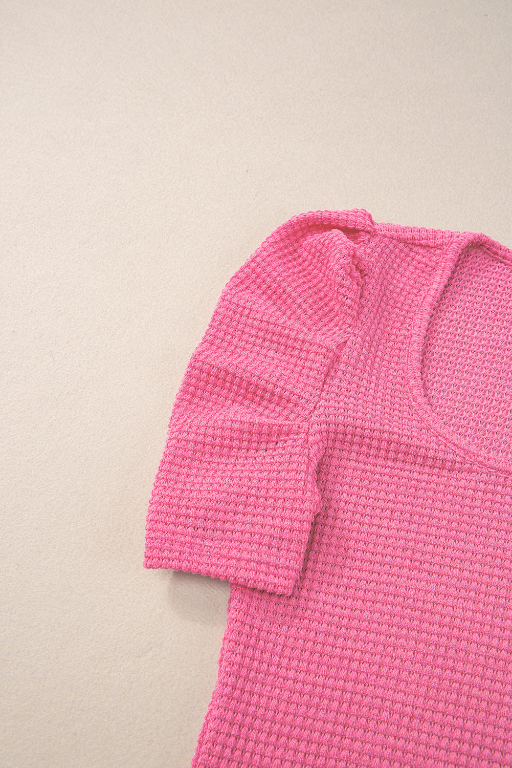 Bright Pink Waffle Knit Ruched Puff Sleeve Top