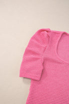 Bright Pink Waffle Knit Ruched Puff Sleeve Top