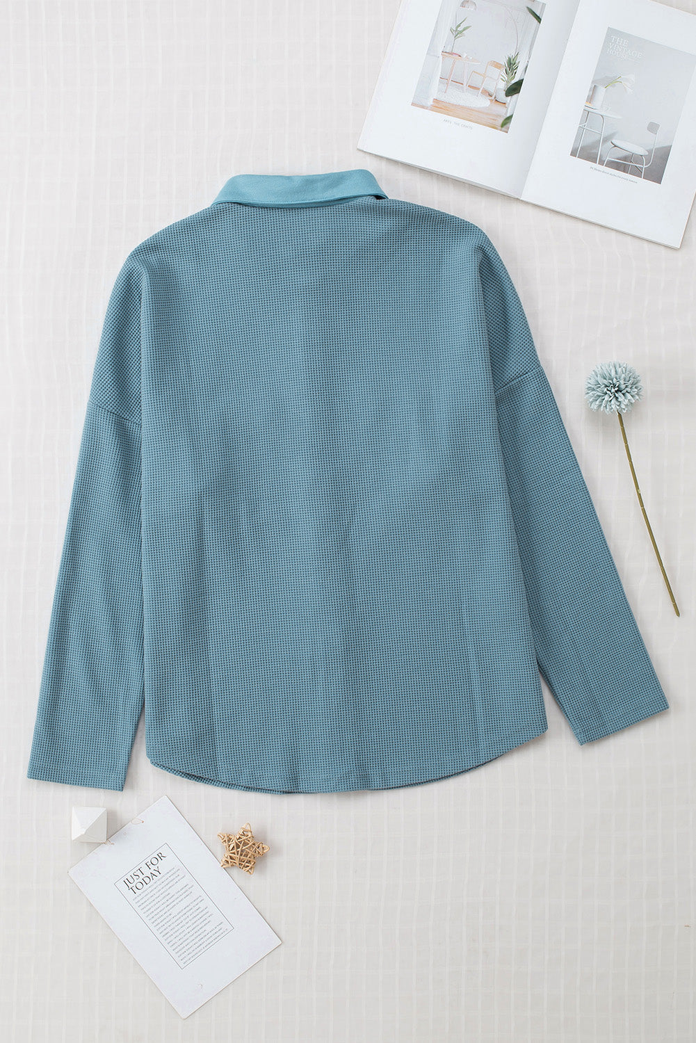 Sky Blue Chest Flap Pockets Waffle Knit Shacket