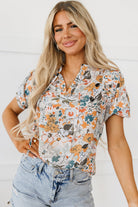 Split V Neck Puff Sleeve Flower Print Blouse