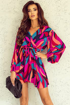 Abstract Printed Belted Puff Sleeve Mini Dress