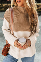 Cable Knit Color Block Side Splits High Neck Sweater