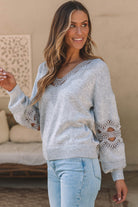 Hollowed Lace Splicing V Neck Loose Sweater