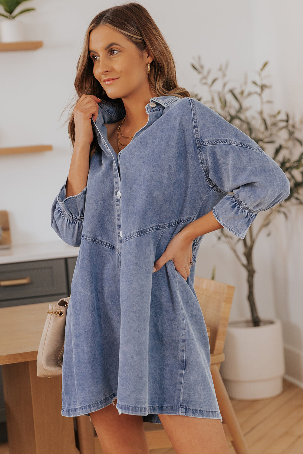 Buttoned Long Sleeve Denim Mini Dress