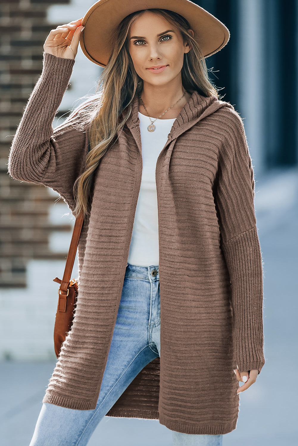 Horizontal Rib Knitted Open Front Hooded Cardigan