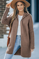 Horizontal Rib Knitted Open Front Hooded Cardigan