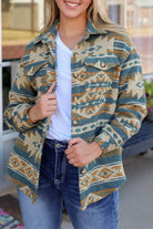 Western Aztec Print Button Flap Pocket Shacket