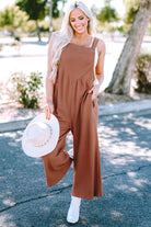 Textured Buttoned Straps Ruched Wide Leg Jumpsuit