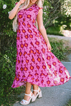 Retro Print Twisted Front Ruffled Sleeve Maxi Dress