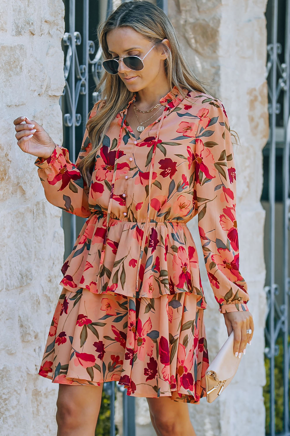 Fiery Red Frilled Collar Long Sleeve Floral Dress with Ruffle