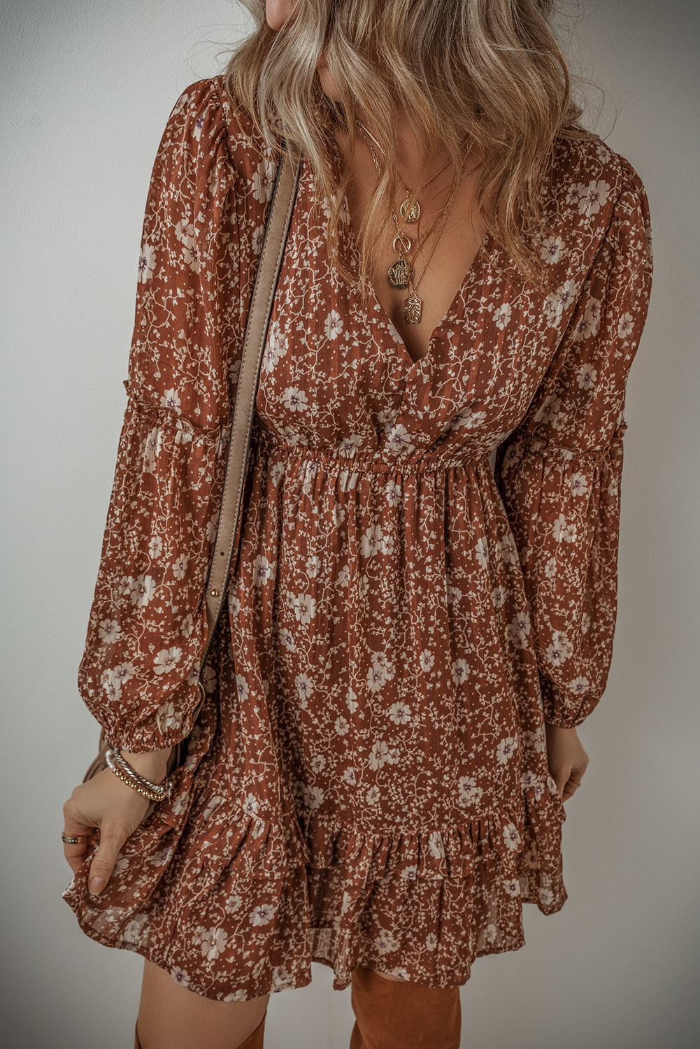 Boho Floral Ruffled Puff Sleeve V Neck Mini Dress