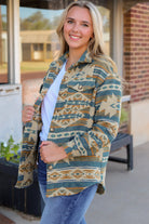 Western Aztec Print Button Flap Pocket Shacket