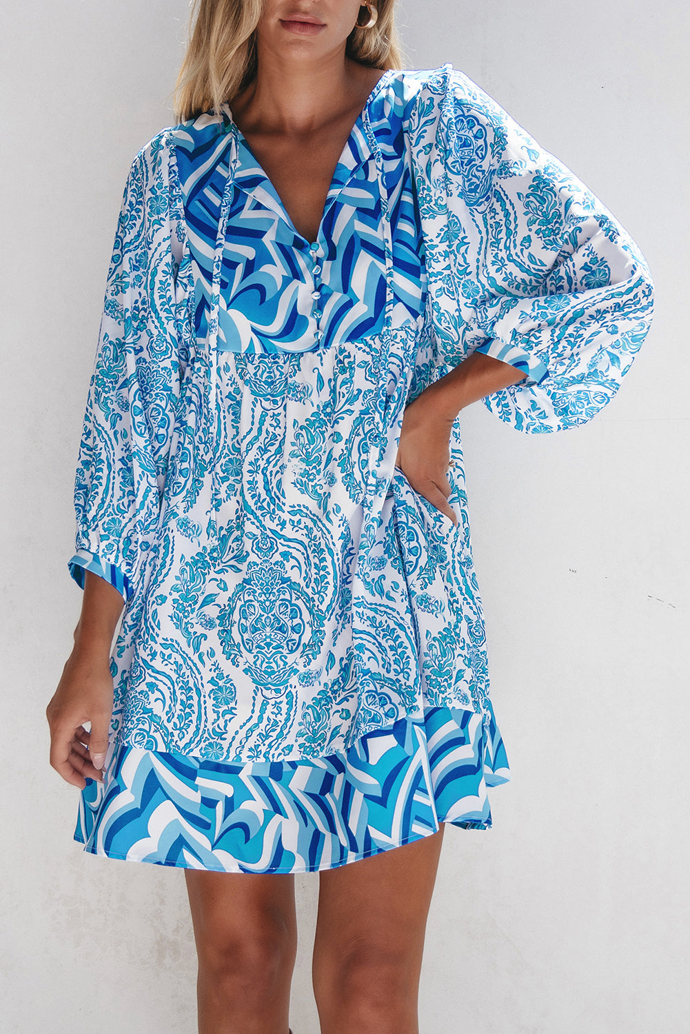 Bohemian Print Puff Sleeve Tied V Neck Flared Mini Dress