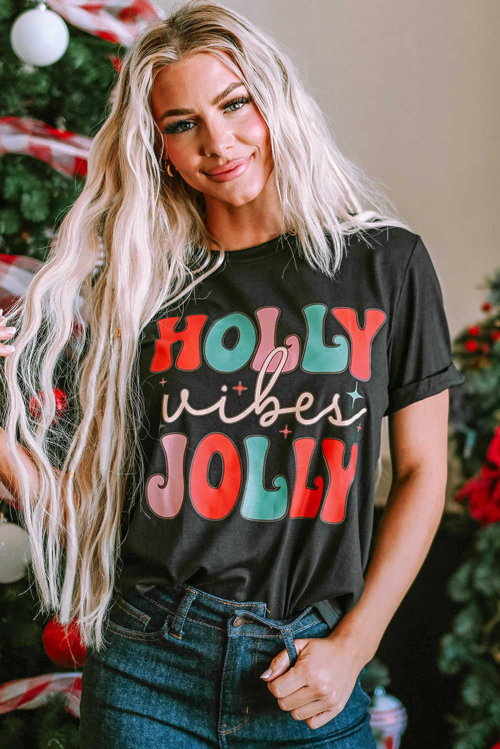 HOLLY JOLLY Vibes Christmas Crew Neck T Shirt