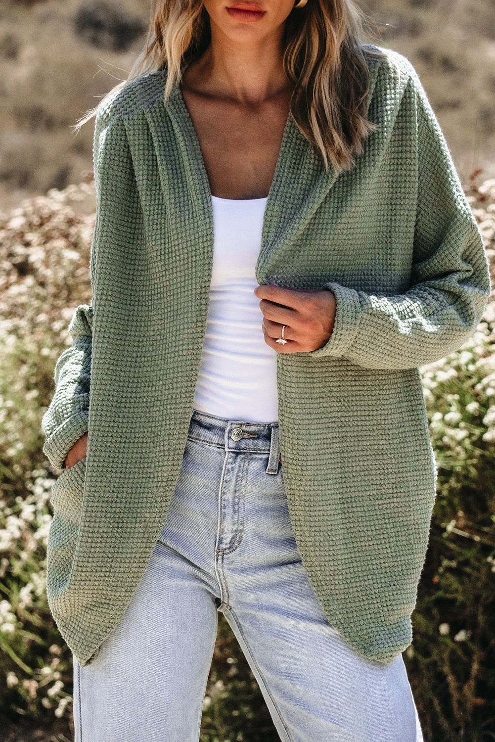 Waffle Knit Open Front Cardigan