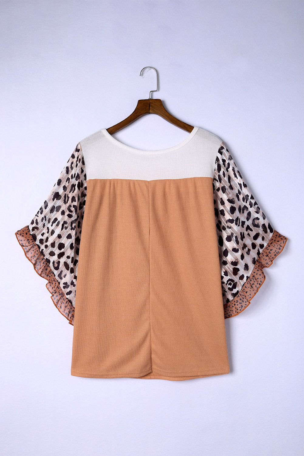 Khaki Waffle Knit Animal Print Ruffle Sleeves Plus Size Top