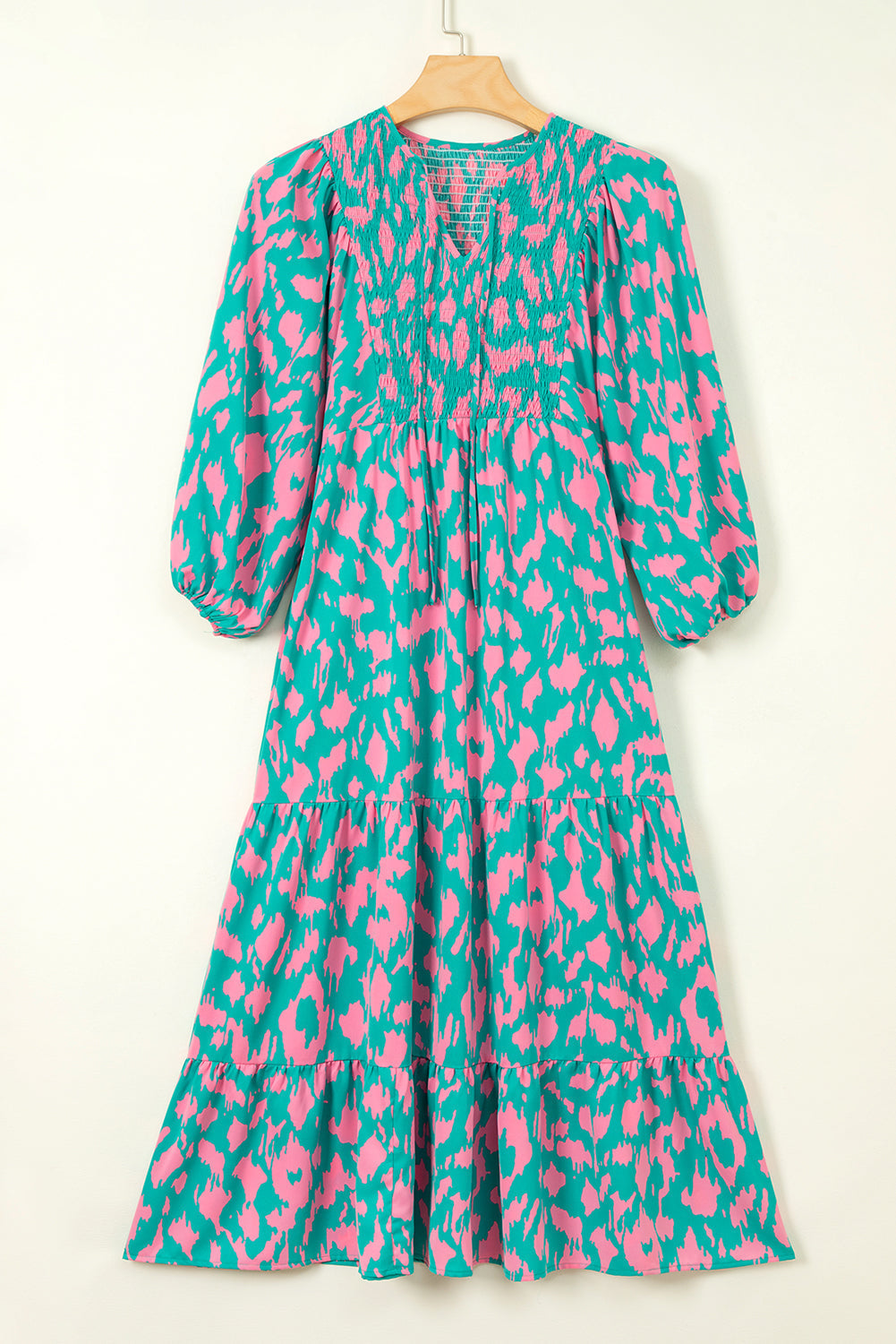 Abstract Print Puff Sleeve Tied Notched Neck Long Dress