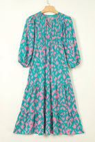 Abstract Print Puff Sleeve Tied Notched Neck Long Dress