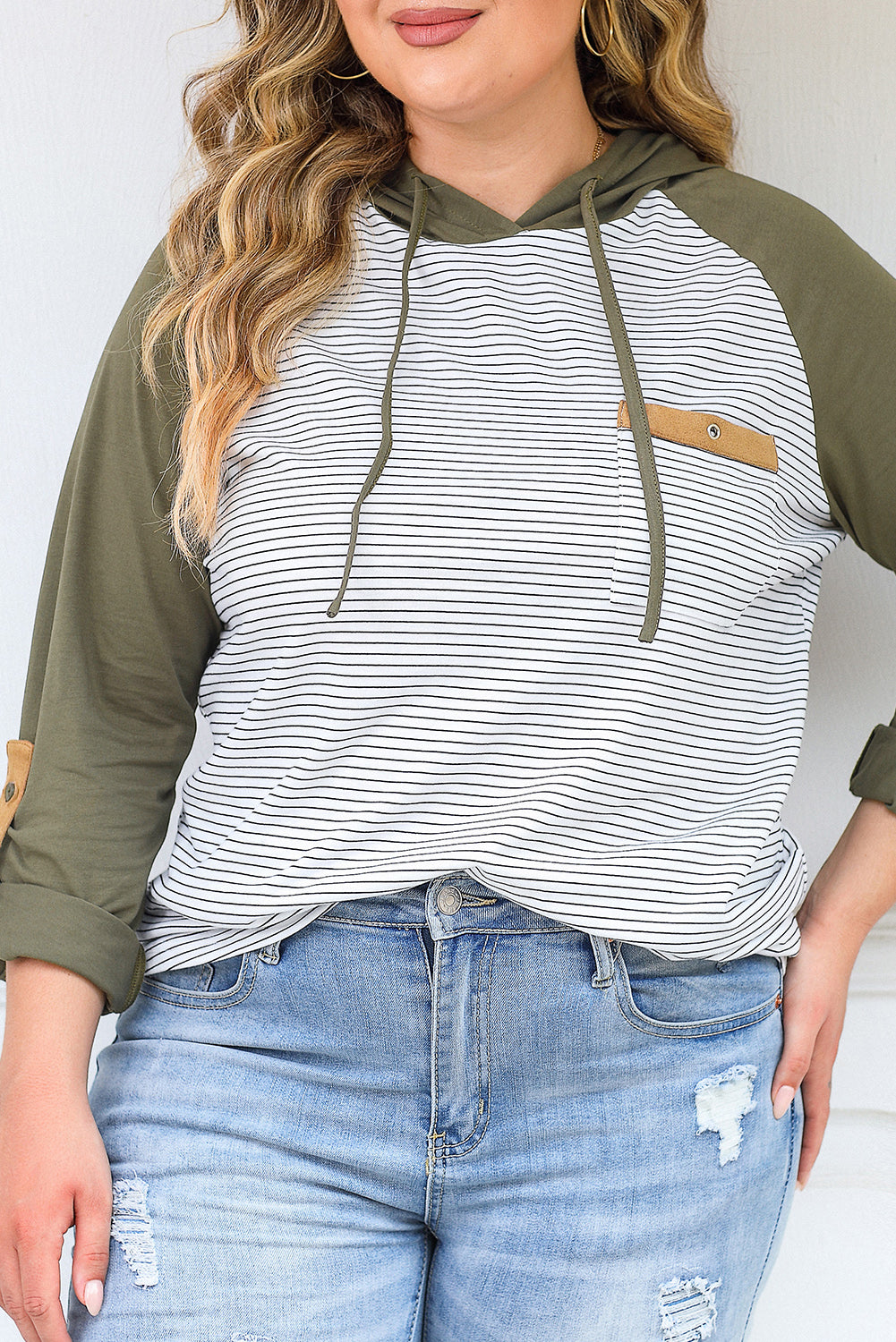 Striped Raglan Sleeve Buttoned Pocket Plus Size Hoodie