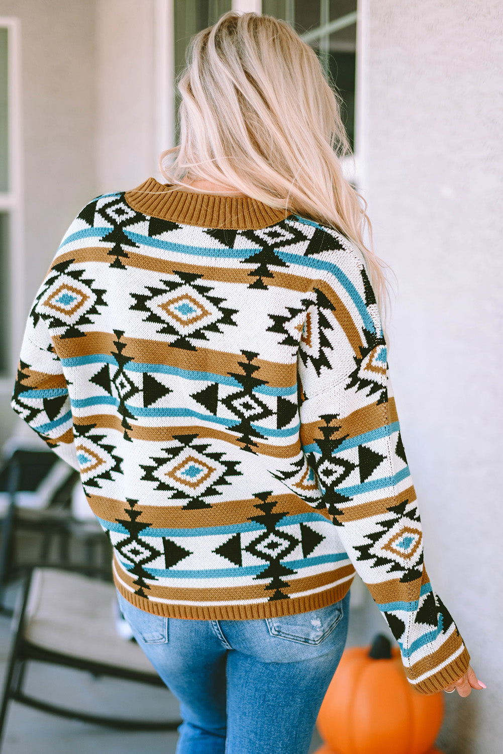 Aztec Striped Knit Ribbed Trim Sweater