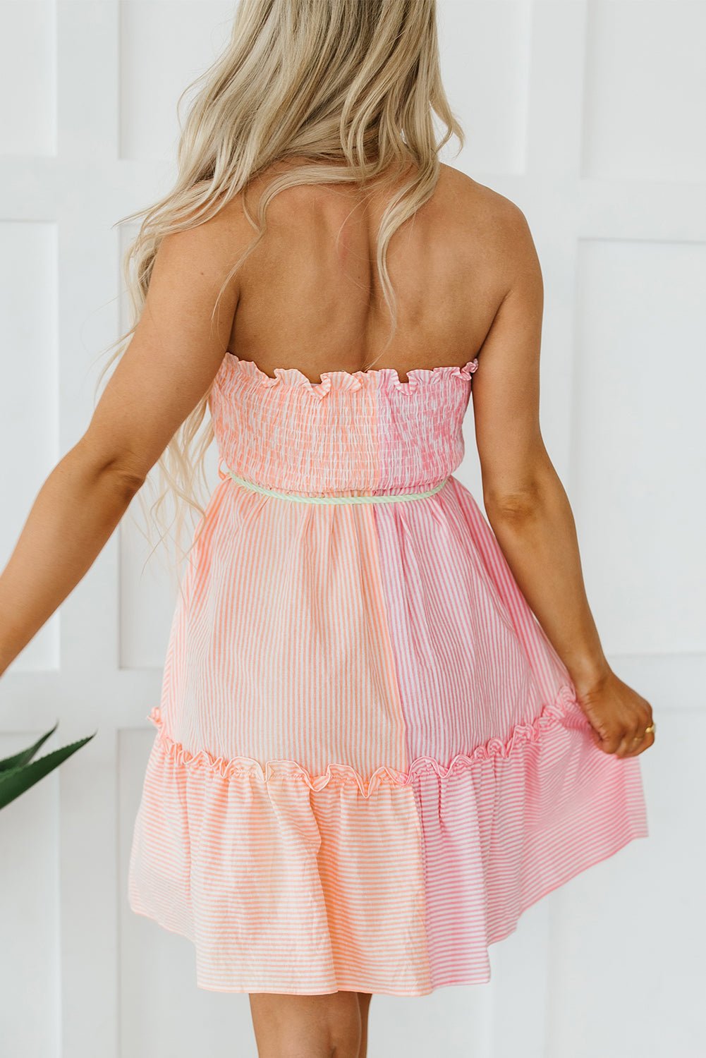 Color Block Smocked Button Front Frilled Strapless Mini Dress