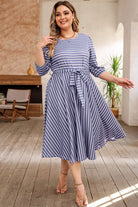 Striped Tie Waist 3/4 Sleeve Plus Size Dress