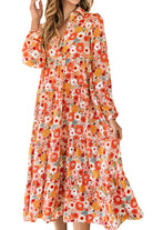 Boho Floral Collared Long Sleeve Ruffled Dress