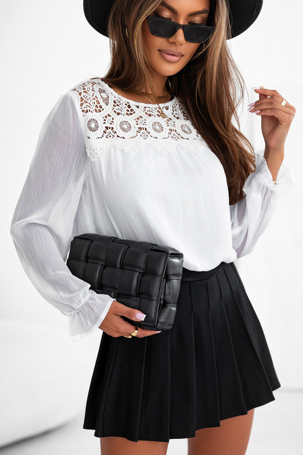 Lace Patch Sheer Flounce Sleeve Blouse